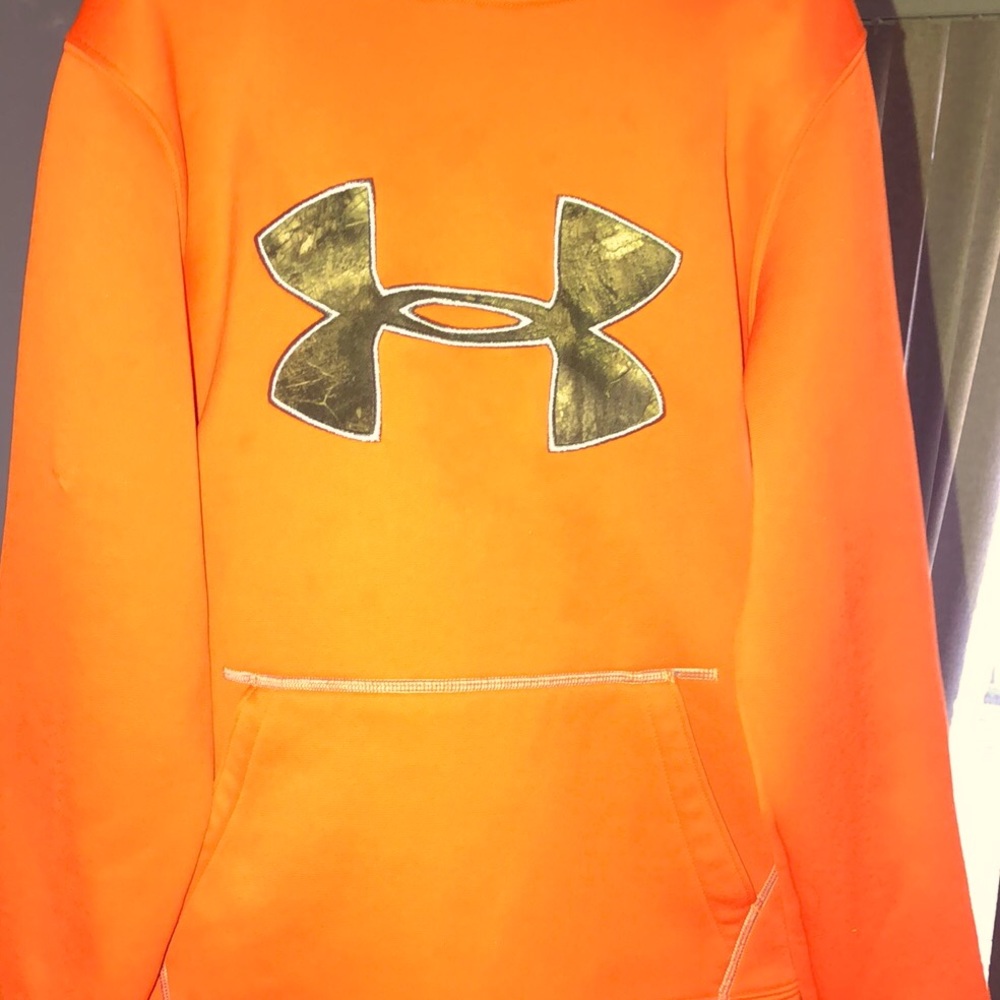 UA youth med hooded sweatshirt orange and camo